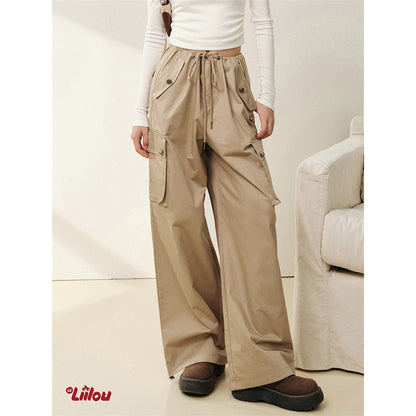 Liilou Vintage Pocket Drawstring Straight-Leg Cargo Pants