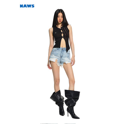 NAWS Irregular A-line Raw Edge Denim Shorts