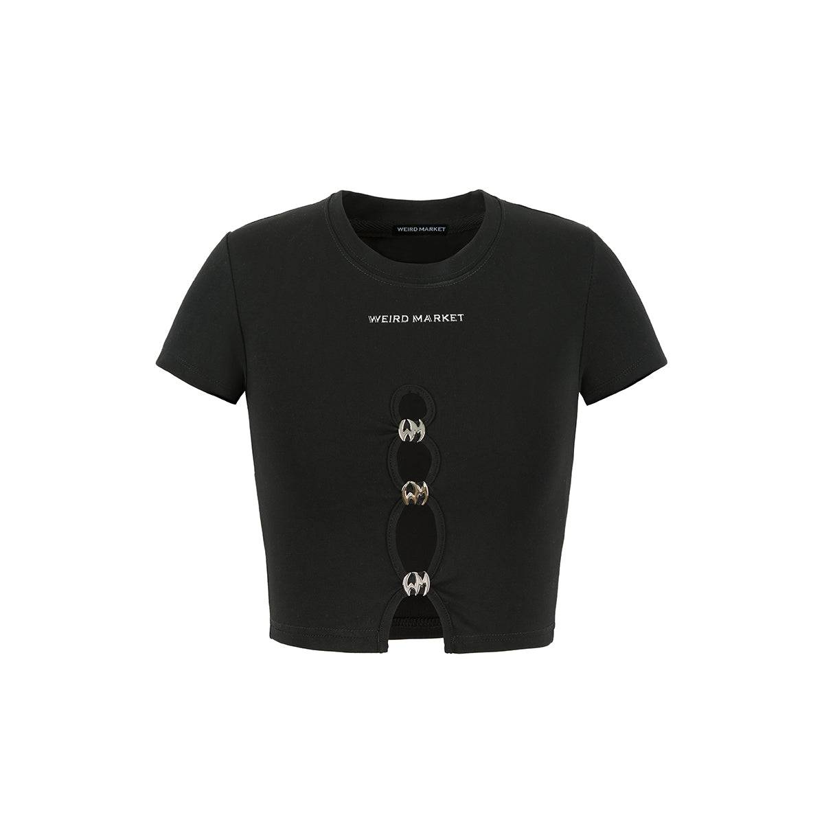 Weird Market Metal Logo Hollow-Out Knit Crop Top Black