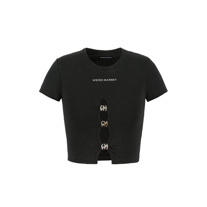 Weird Market Metal Logo Hollow-Out Knit Crop Top Black