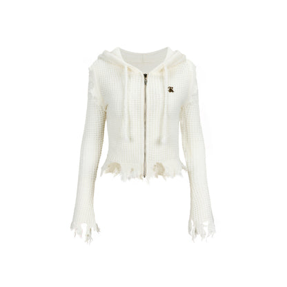 Via Pitti Destroy Cutting Waffle Knit Cardigan White