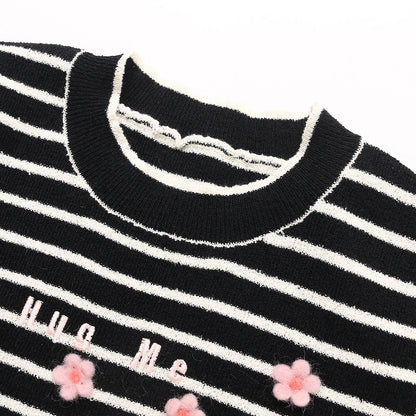 Wildshadow 3D Flower Striped Knit Top Black