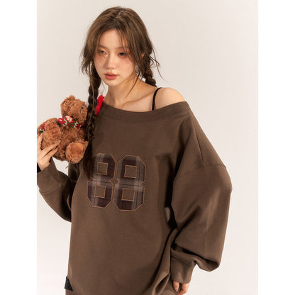 AsGony Retro Diagonal Shoulder Casual Sweater Brown