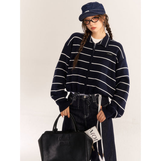 AsGony Contrast Color Drawstring Polo Knit Cardigan Navy Blue