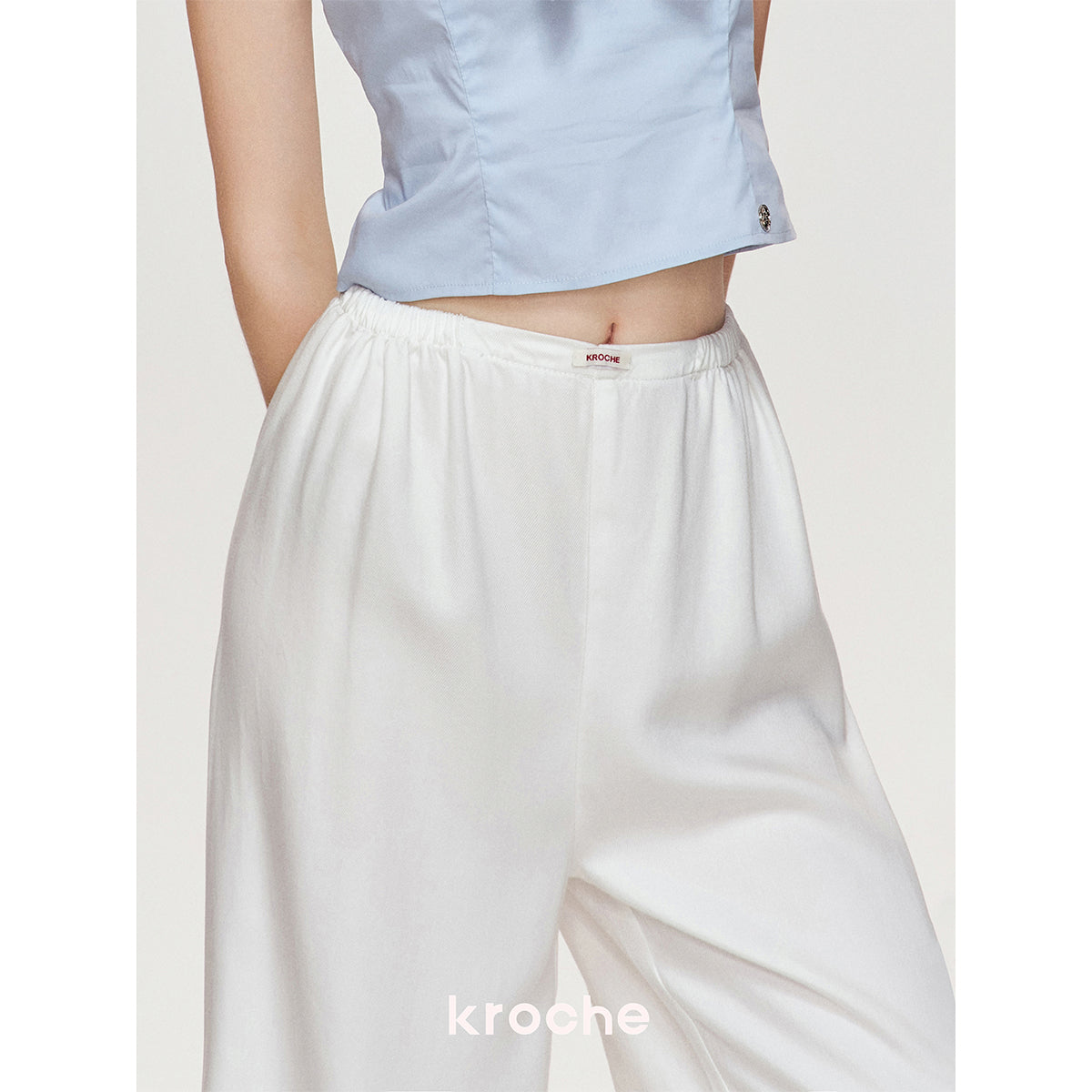 Kroche Silky Elastic-Waist Wide Leg Pants White