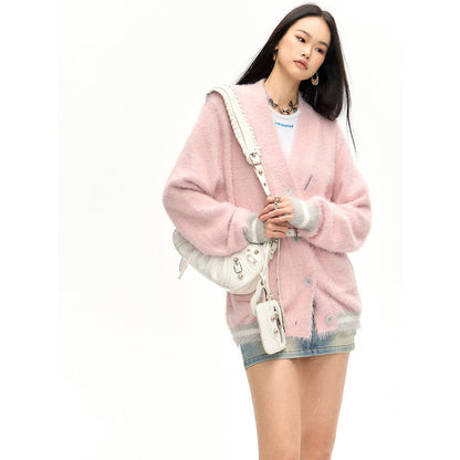 NotAwear Color Blocked Fluffy Faux Mink Cardigan Pink