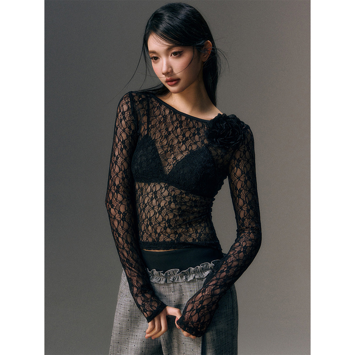 AGAM Lace Mesh L/S Top Black