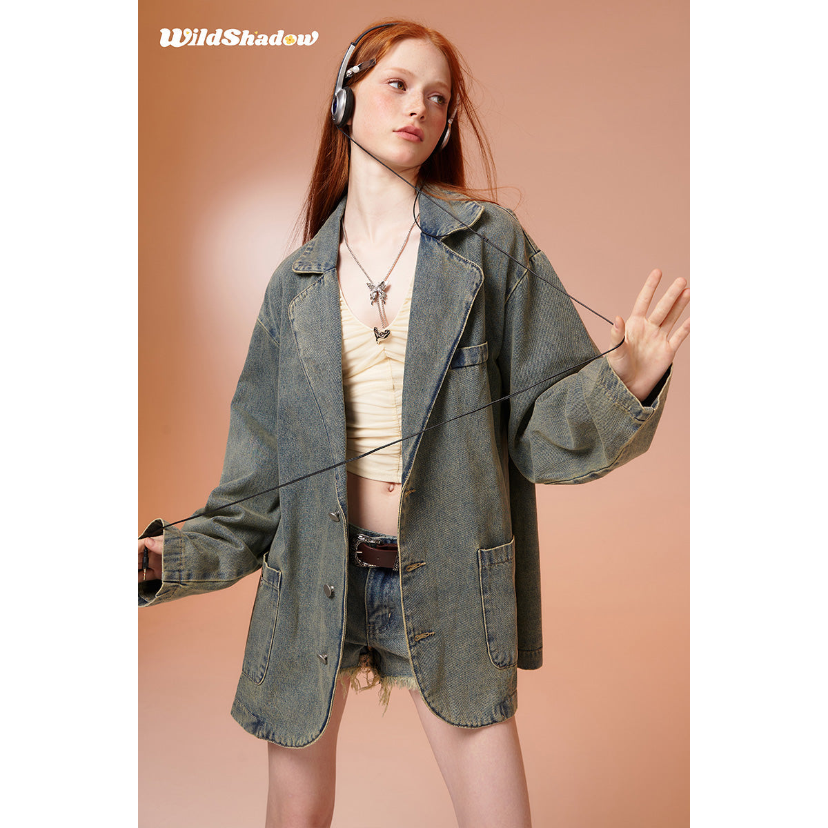 Wildshodow Metal Bow-Knot Washed Denim Jacket