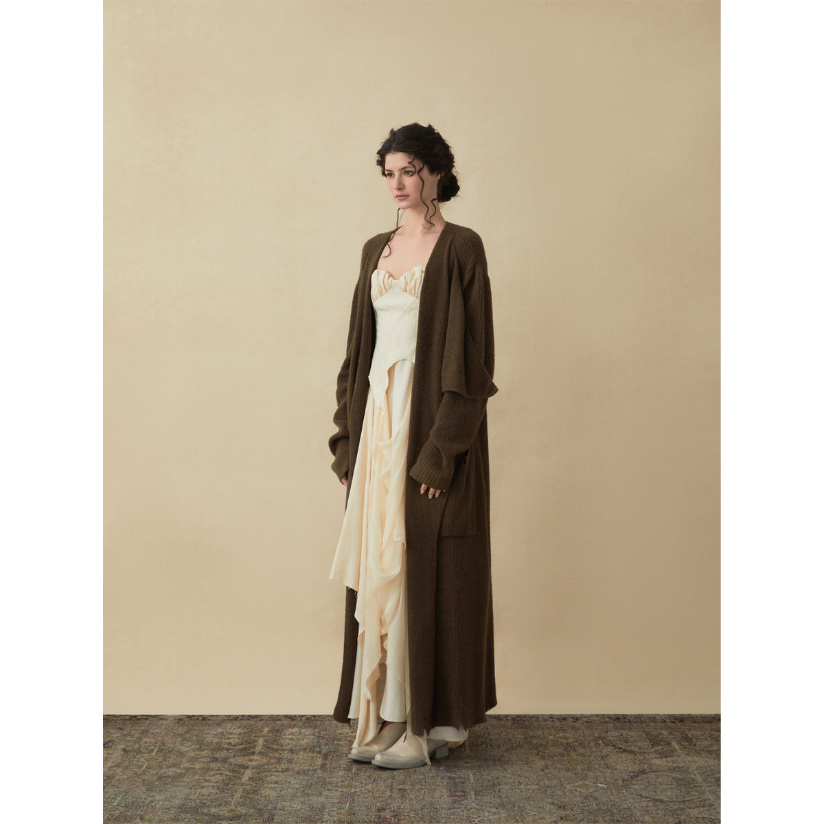 Elywood Brown Lapel Knit Long Coat