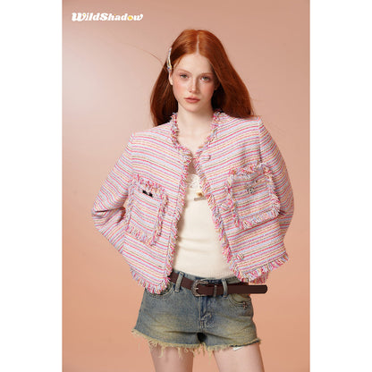 Wildshadow Tassel Colorful Striped Tweed Jacket Pink