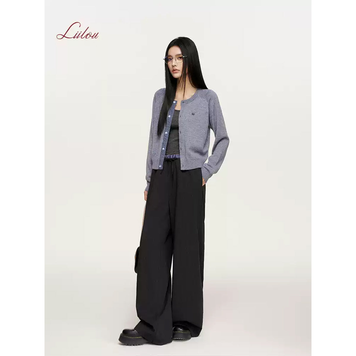 Liilou Plaid Patchwork Drawstring Striped Pants Dark Grey