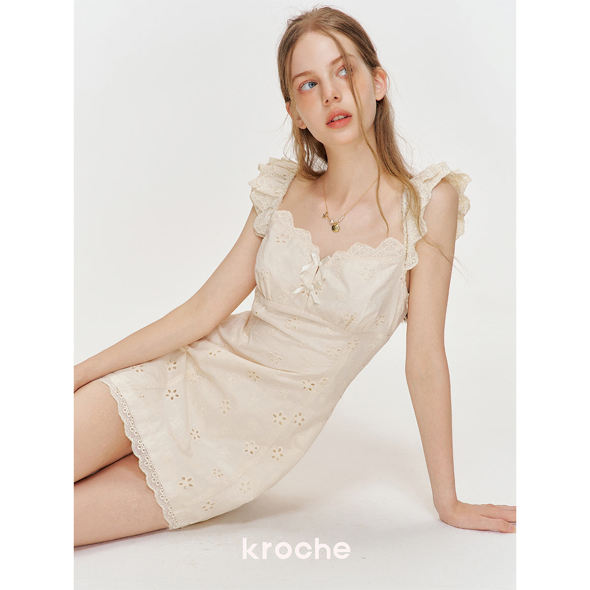 Kroche Hollow Out Embroidered Lace Short Dress Beige