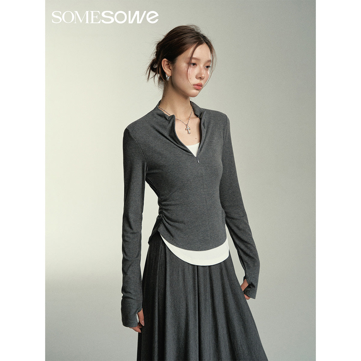 SomeSowe Lapel Neck Half-Zip L/S Top Gray