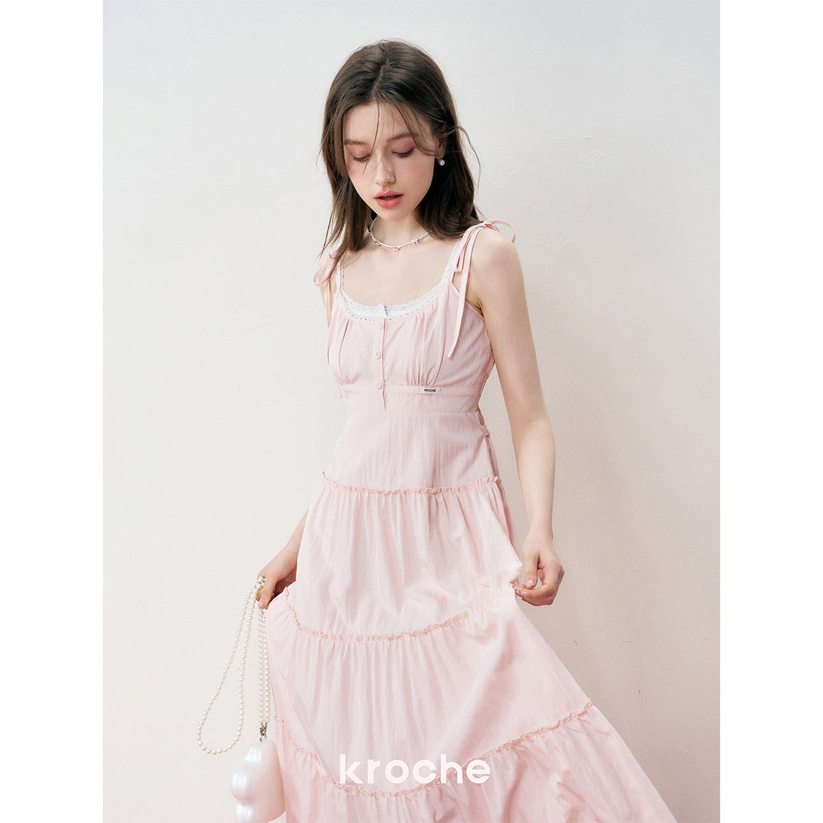 Kroche Lace Up Waisting Halter Dress Pink