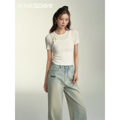 SomeSowe Fake-2-Piece Bow Tie Slim Top White