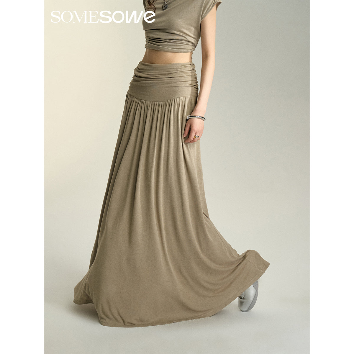 SomeSowe Heaped Ruffle Long Skirt Khaki