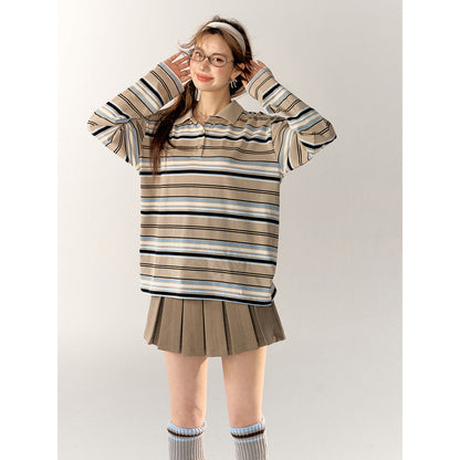 AsGony Striped Lapel Casual L/S T-Shirt Blue