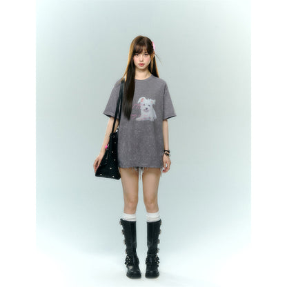 AsGony Puppy Printed T-Shirt Washed Grey