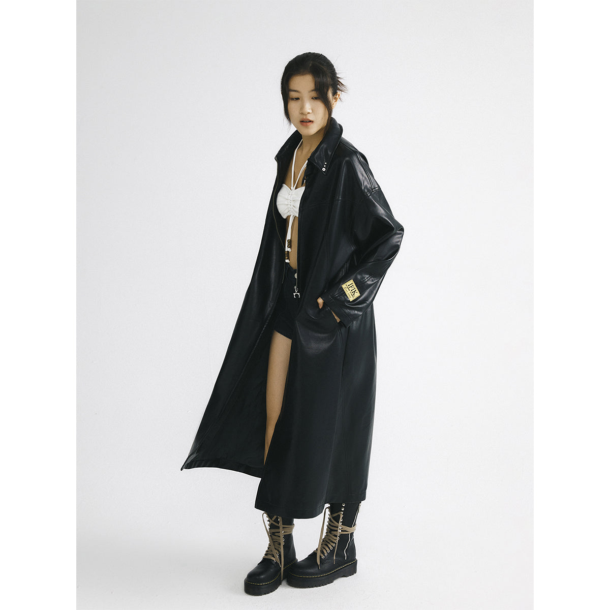 IFIK Oversized Zipper Leather Hooded Coat Black