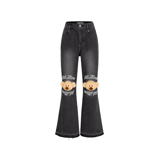 13De Marzo Plush Knee Bear Flare Jeans Washed Black