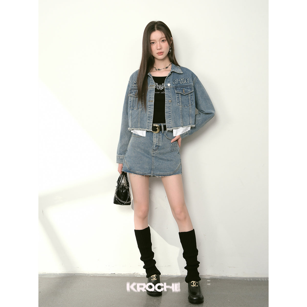 Kroche Denim Logo Embroidery Skirt Blue