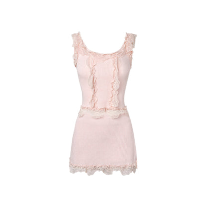 MeliMosa Lace Knit Sleeveless Vest And Skirt Set Pink