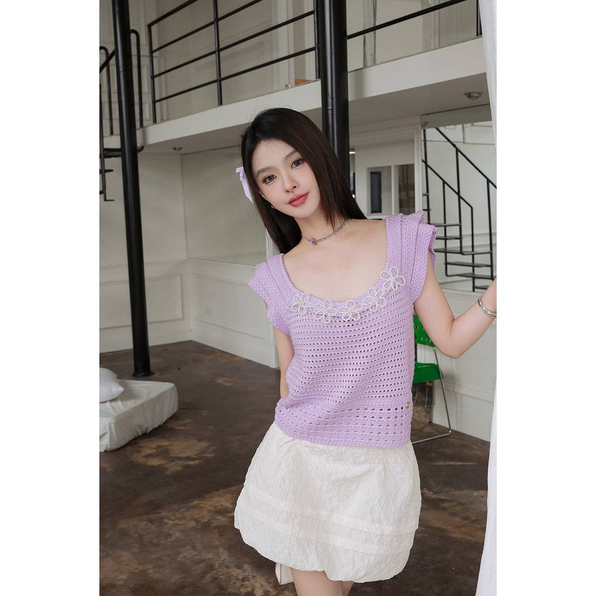 Diana Vevina Beaded Flower Hollow Knit Top Purple