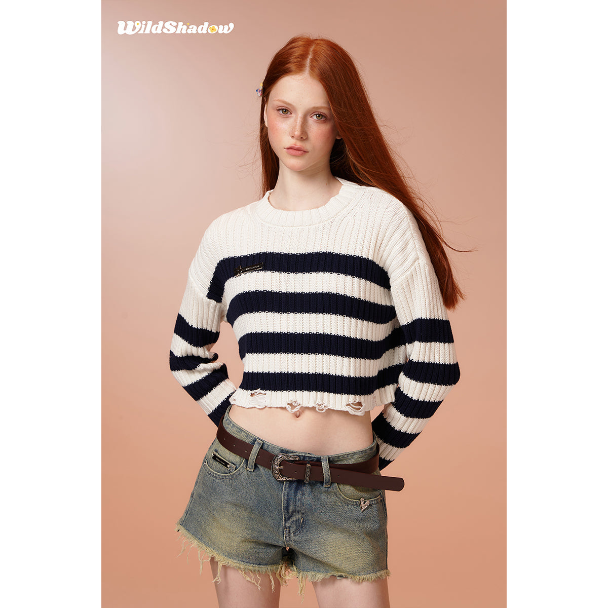 Wildshadow Color Blocked Striped Short Knit Sweater