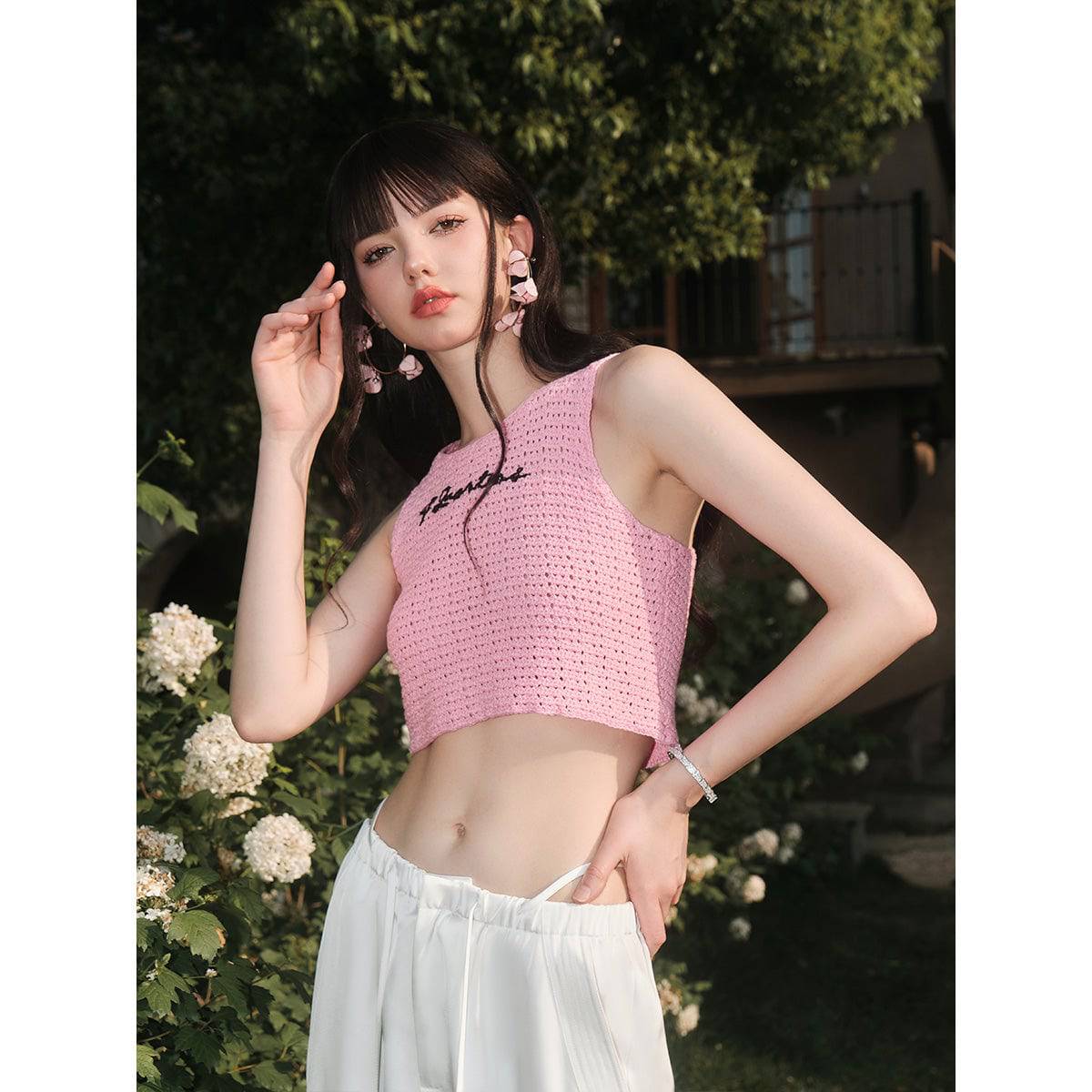 Three Quarters Logo Crochet Zip-Up Vest Top Pink