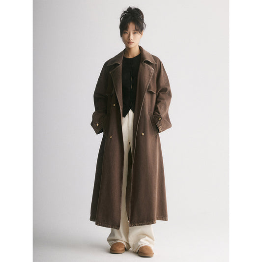 IFIK Color Blocked Long Denim Belt Coat Brown