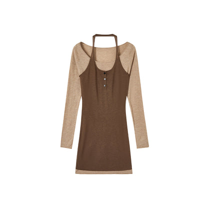 Via Pitti Color Blocked Halterneck Knit Dress Brown