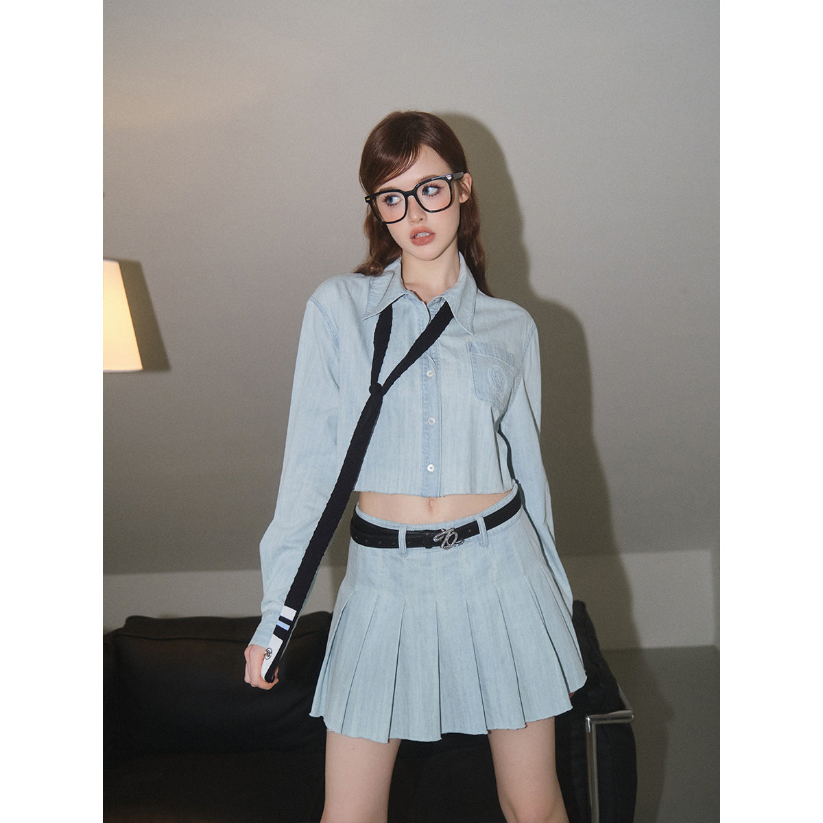 Three Quarters Pleated Denim Skirt Blue