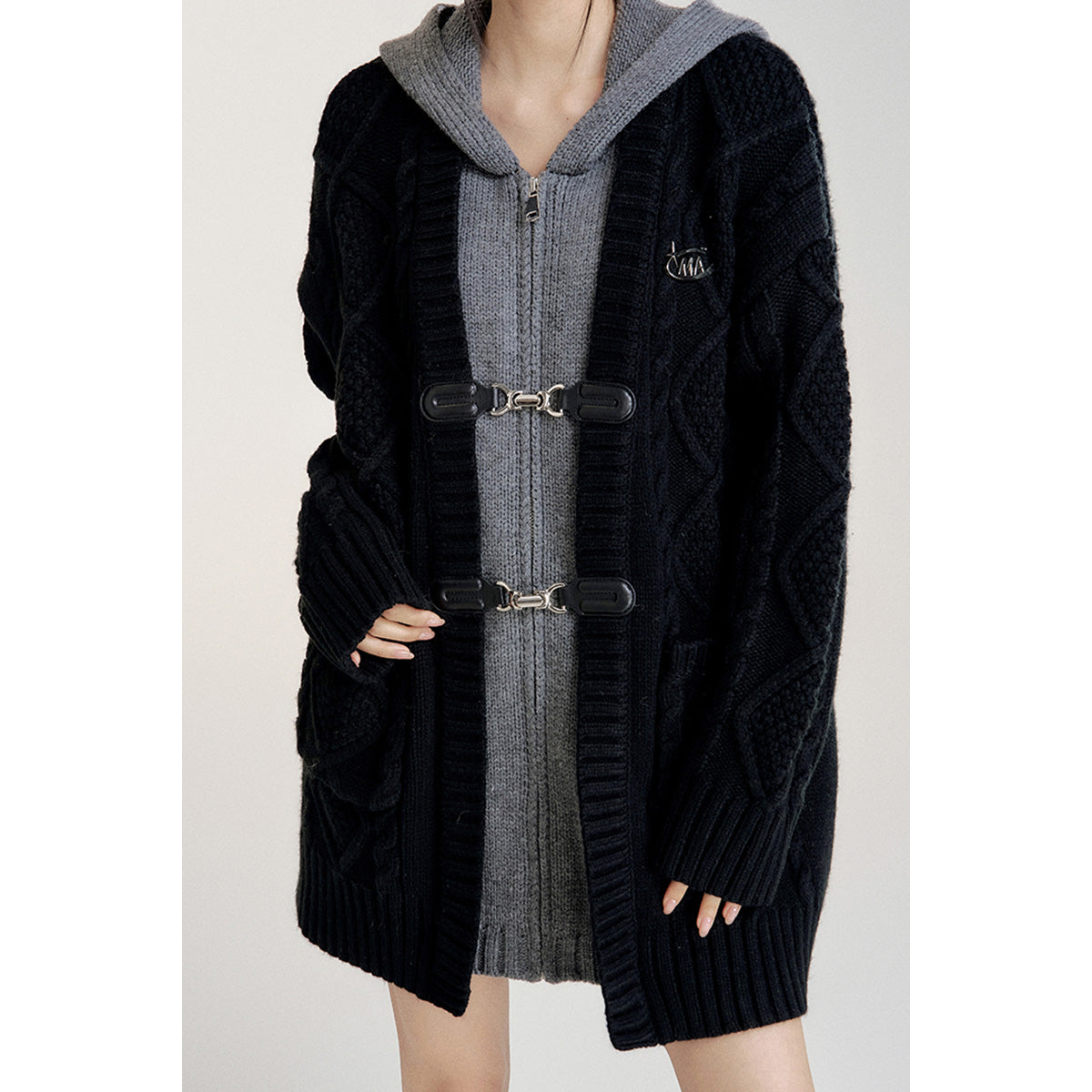 MacyMccoy Fake-2-Piece Hooded Silhouette Knit Cardigan Black