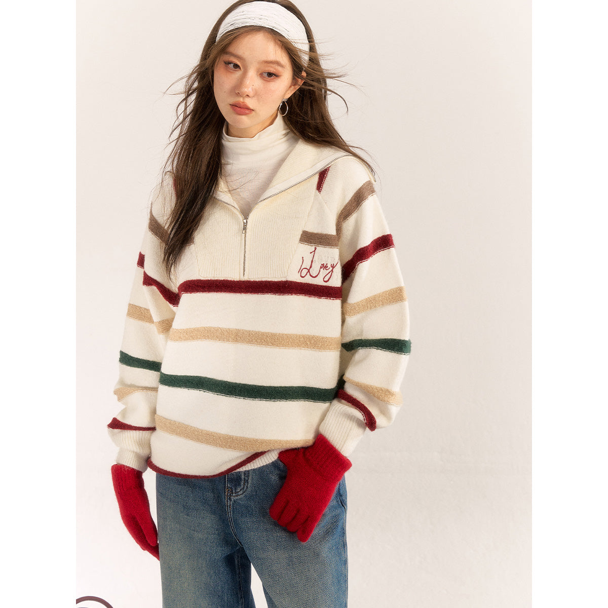 AsGony Contrast Color Striped Half-Zipped Woolen Knit Top