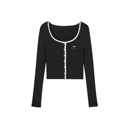 SomeSowe Contrast Color Lace Knit Cardigan Black