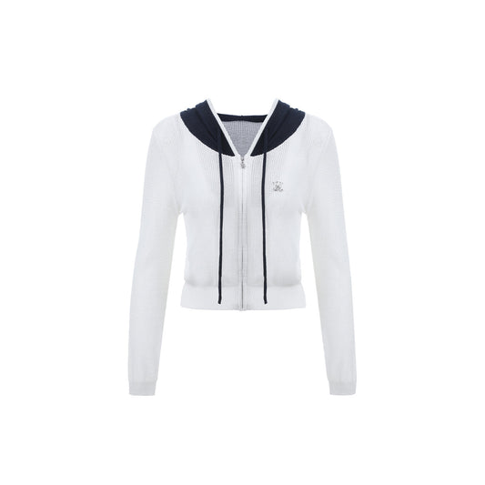 Via Pitti Color Blocked Knit Short Zip Hoddie White