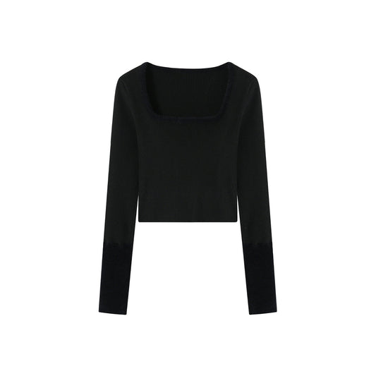 SomeSowe Square Neck Faux Mink Knit Top Black