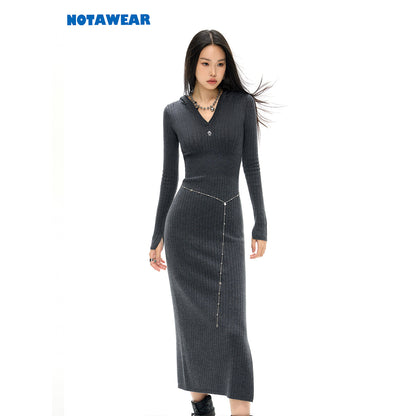 NotAwear Logo Embroidery Woolen Hooded Knit Dress Dark Grey