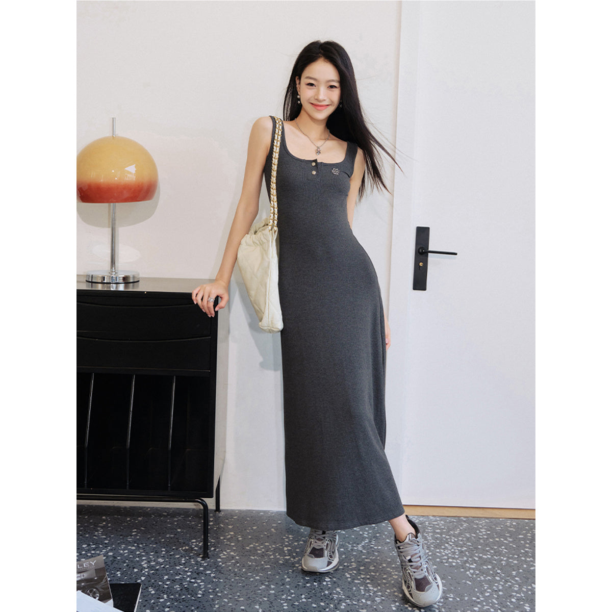 Liilou Classic Square Neck Slim Long Dress Grey