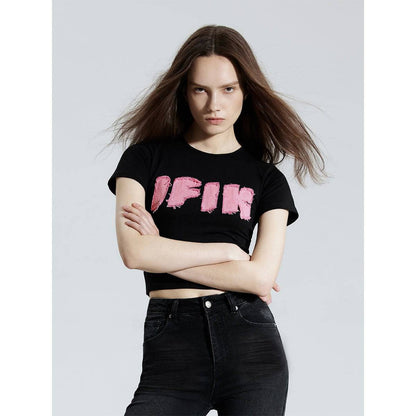 IFIK Denim Patch Logo Slim Short Tee Black Pink