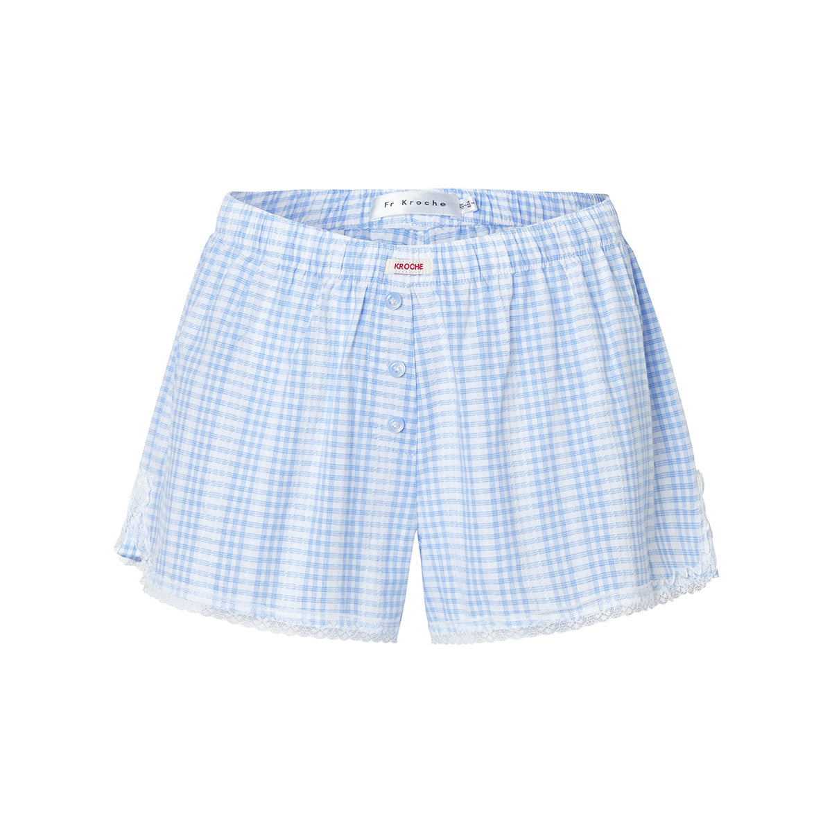 Kroche Lace Edge Patchwork Plaid Shorts Blue