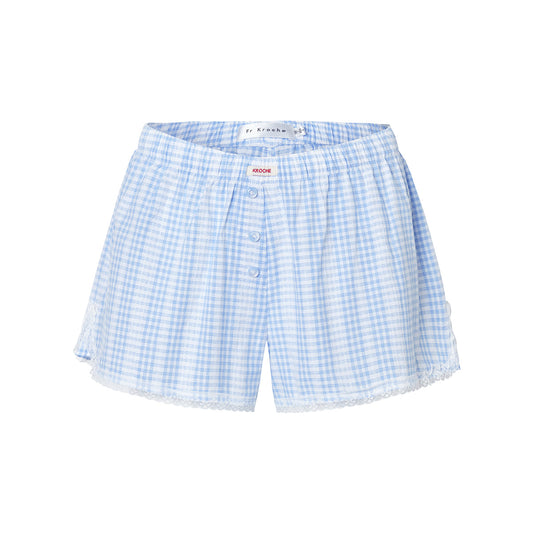 Kroche Lace Edge Patchwork Plaid Shorts Blue