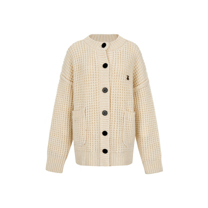 Via Pitti Waffle-Knit Cardigan Cream