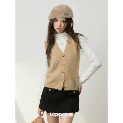 Kroche Faux Mink V-Neck Vest Brown