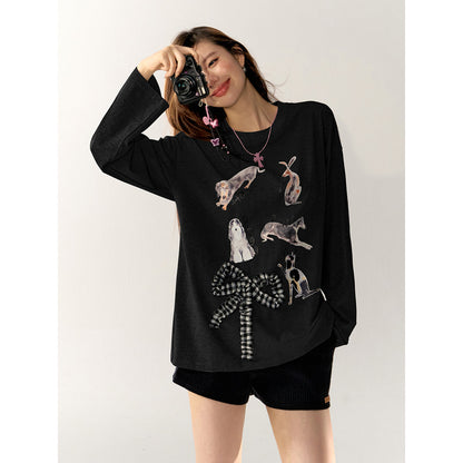 AsGony 3D Bow Knot Cartoon Casual L/S T-Shirt Black