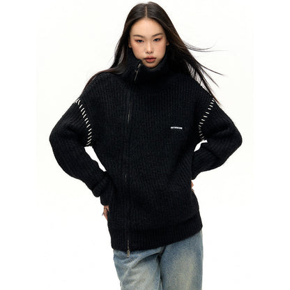 NotAwear Color Blocked Drawstring Zipper Knit Sweater Black