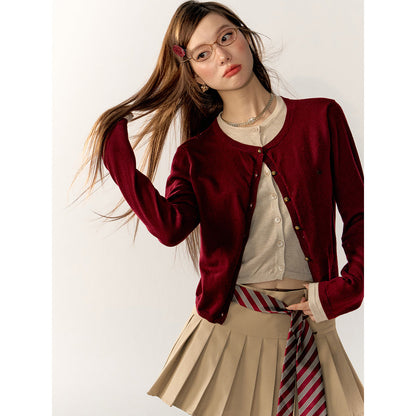 AsGony Contrast Color Fake-2-Piece Knit Cardigan Red