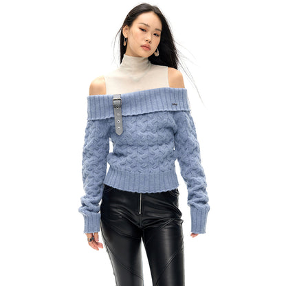 NotAwear Detachable Belt Off-Shoulder Knit Top Blue