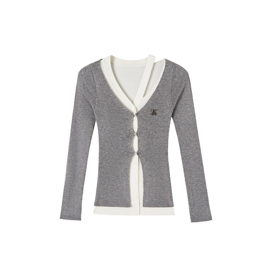 Via Pitti Fake-2-Piece Hollow Out Knit Long Cardigan Grey