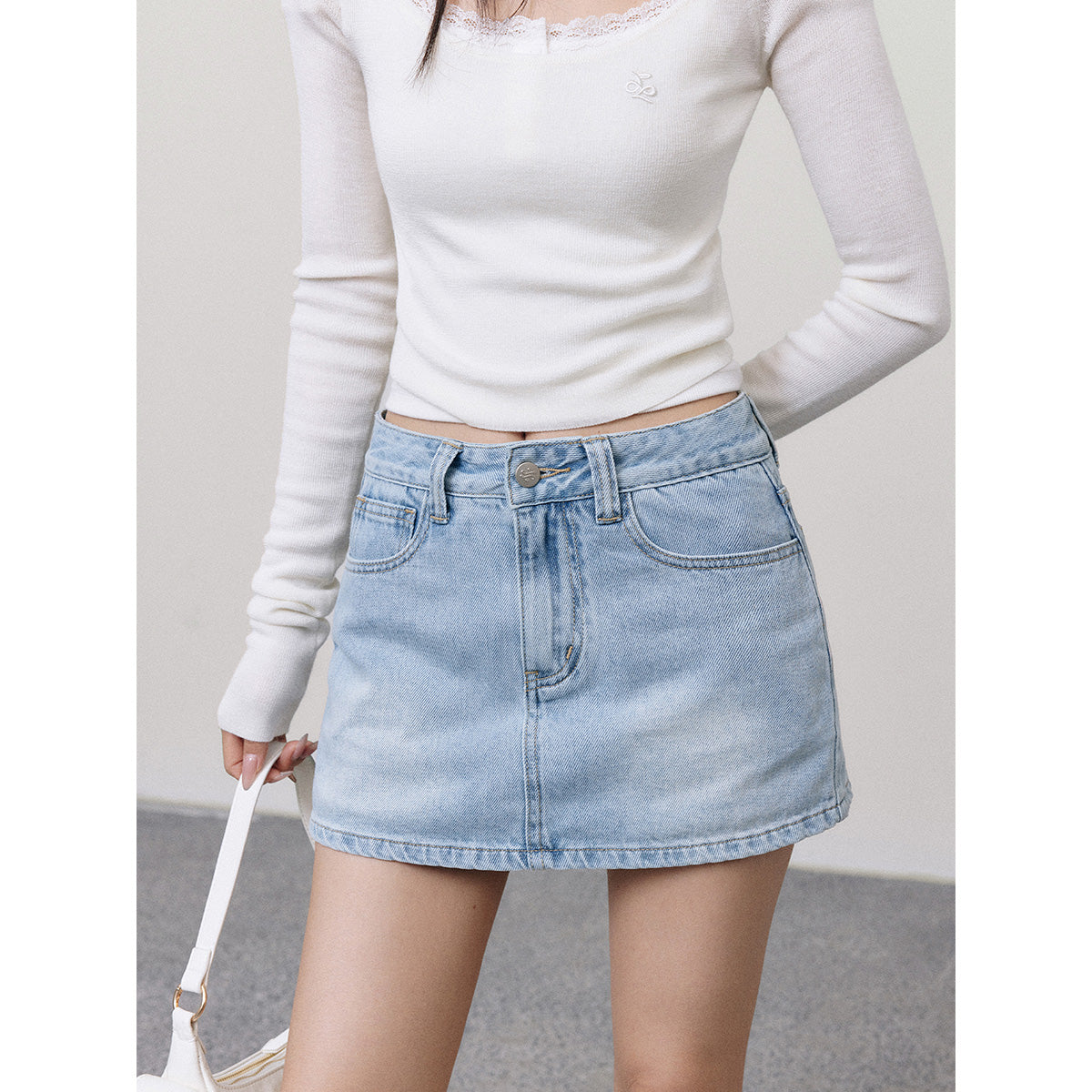 Liilou Retro Washed Denim Short Skirt Blue